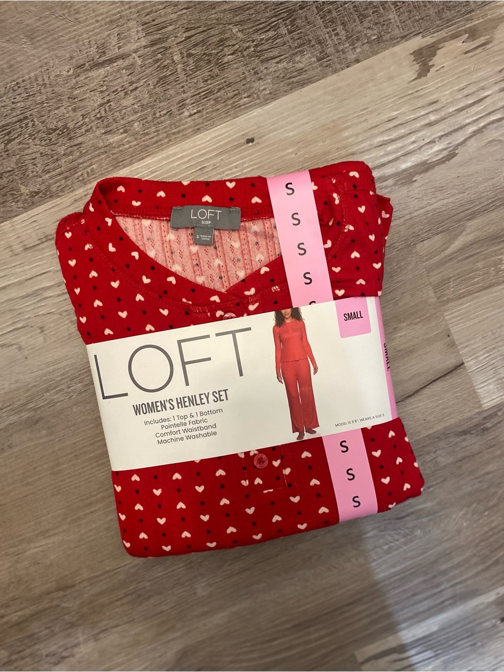 Loft Women's 2-Piece Henley Pointelle Pajama Set Heart Print Size S